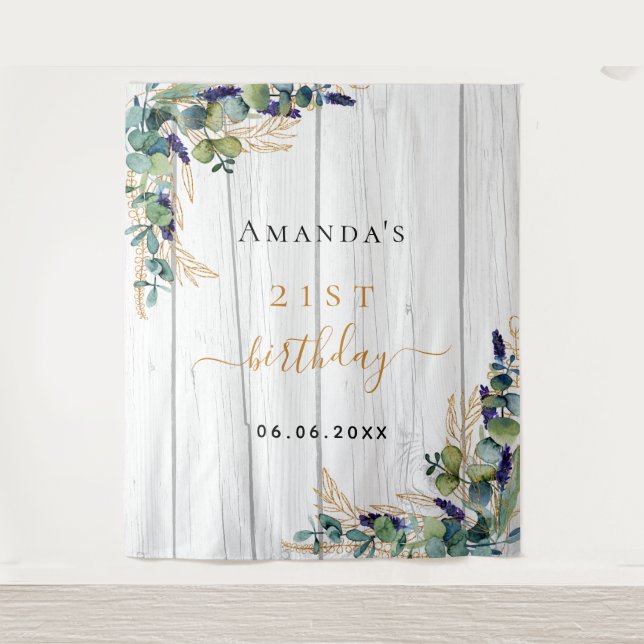 Birthday eucalyptus greenery rustic wood name tapestry (Front)