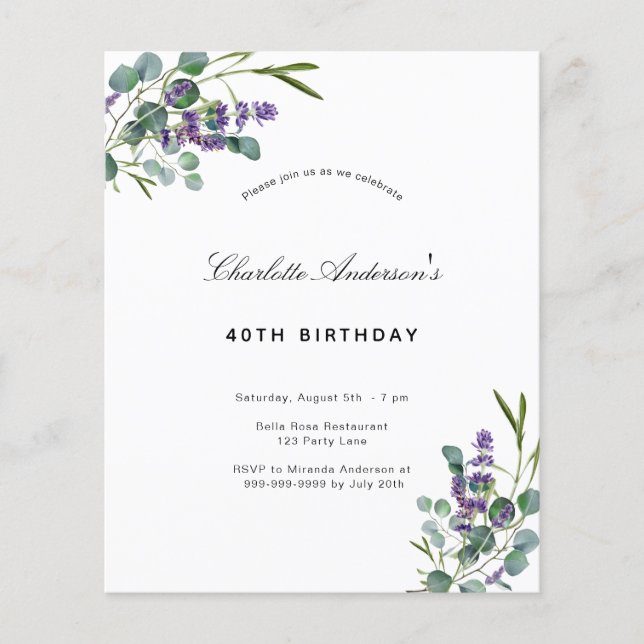 Birthday eucalyptus lavender budget invitation flyer (Front)