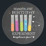 Birthday Experiment Science Birthday Classic Round Sticker<br><div class="desc">Science Birthday Party | Birthday Experiment - Put on your lab coat and get ready for explosive fun! It's the perfect decorative touch for your science party. No need for tests or experiments we've got you covered. This sticker is part of our science birthday party collection. Don't forget to check...</div>