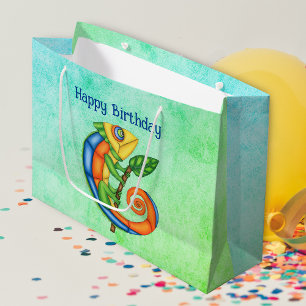 Birthday Fantasy Smiling Colourful Lizard Leaf Large Gift Bag