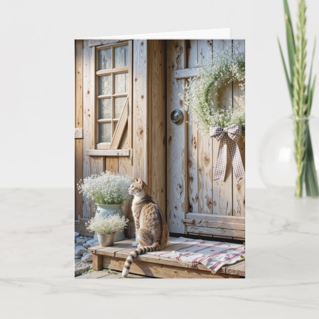 Birthday Farmhouse Cat With Baby's Breath Wreath Card (Front)