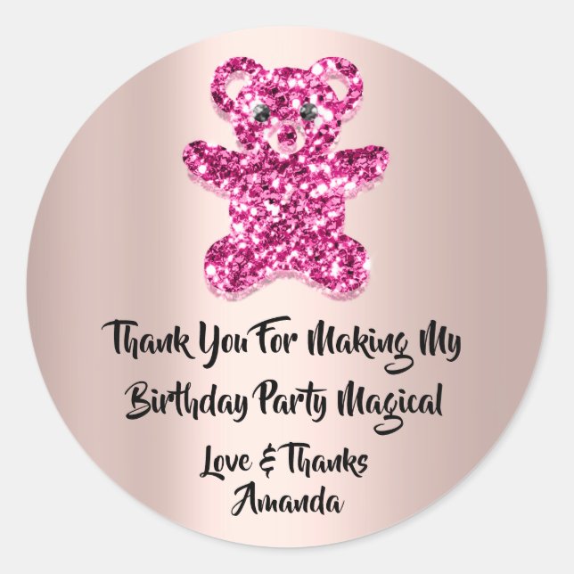  Birthday Favour Glitter Pink Spark Glitter Bear C Classic Round Sticker (Front)