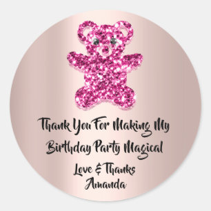  Birthday Favour Glitter Pink Spark Glitter Bear C Classic Round Sticker