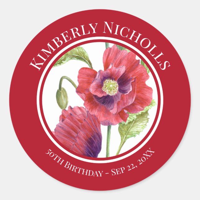 Birthday Favour Red Poppies Floral Circle Classic Round Sticker (Front)