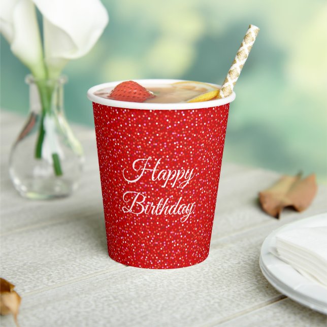 Birthday Festive Confetti on Red Glitter Paper Cups (Insitu)