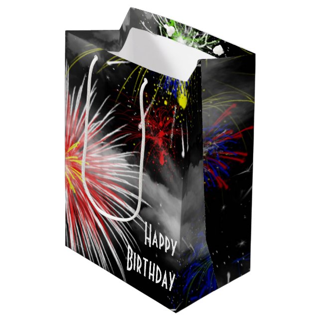 Birthday Fireworks In Clouds Medium Gift Bag (Front Angled)