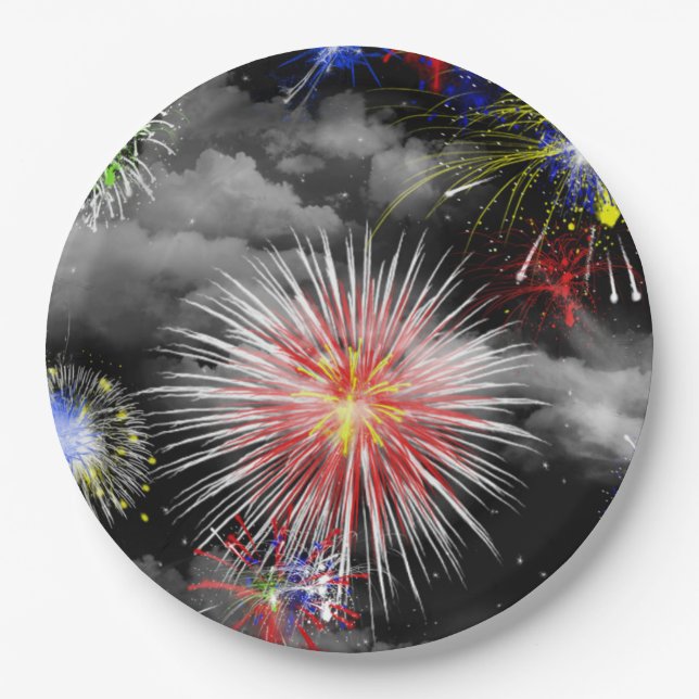 Birthday Fireworks In Clouds  Paper Plate (Front)
