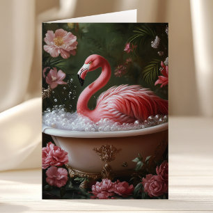 Birthday Flamingo Bathtub Floral Tropical Art Card