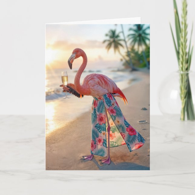 Birthday Flamingo With Champagne On a Beach Card (Front)