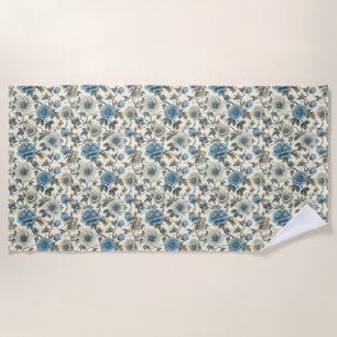Birthday Floral Pattern Blue and Beige Flowers Beach Towel