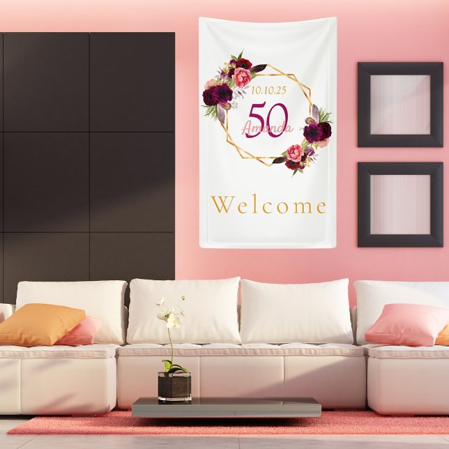 Birthday floral white burgundy welcome banner (Creator Uploaded)