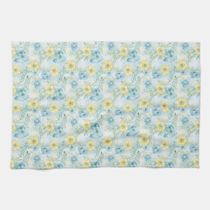 Birthday Floral With Blue and Yellow Flowers Kitchen Towel