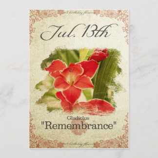 Birthday flowers on July 13th "Gladiolus" Card