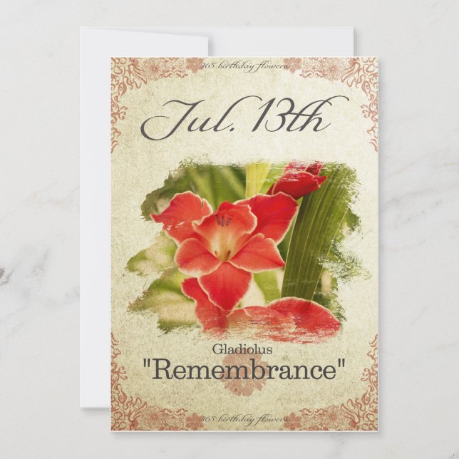 Birthday flowers on July 13th "Gladiolus" Card (Front)