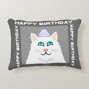 Birthday Fluffy White Cat Accent Pillow