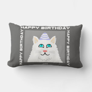 Birthday Fluffy White Cat Lumbar Pillow