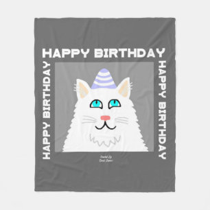 Birthday Fluffy White Cat Medium Fleece Blanket