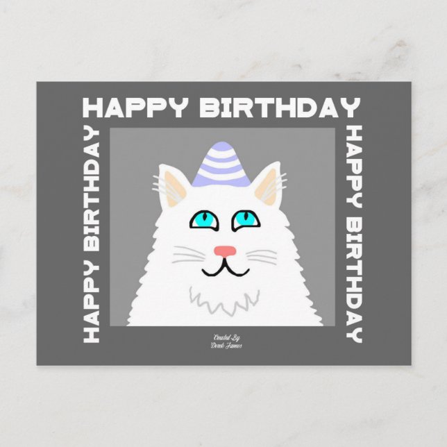 Birthday Fluffy White Cat Postcard (Front)