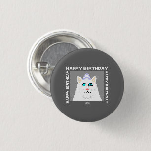 Birthday Fluffy White Cat Round Button