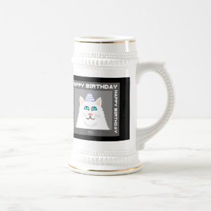 Birthday Fluffy White Cat Stein Mug