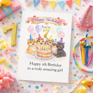  Birthday for Age 7 Girls - Cute Cat  Card
