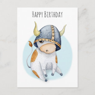 Birthday for Boys Cute Cow Calf in Viking Helmet Postcard