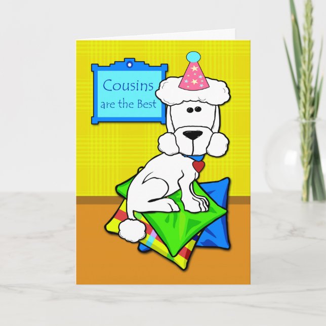 Birthday for Cousin, White Poodle on Pillows Card (Front)