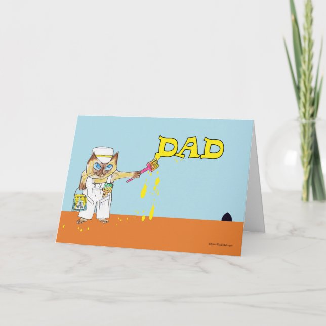 Birthday for Dad Cat Painting on Wall Card (Front)