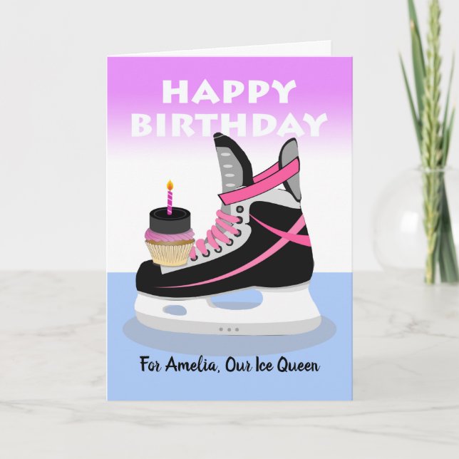 Birthday for Female Ice Hockey Player, Add a Name Card (Front)