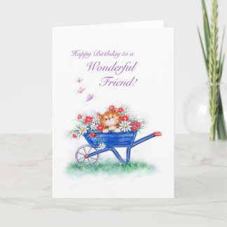 Birthday for friend, cute cat with flower wheel. card