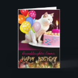 Birthday for Granddaughter with White Cat and Cake Card<br><div class="desc">Birthday paper greeting card for a granddaughter. Add her name to the cover of the card. A white cat is holding colourful balloons and staring at a birthday cake candle. Art,  image,  and verse copyright © Shoaff Ballanger Studios,  2023.</div>