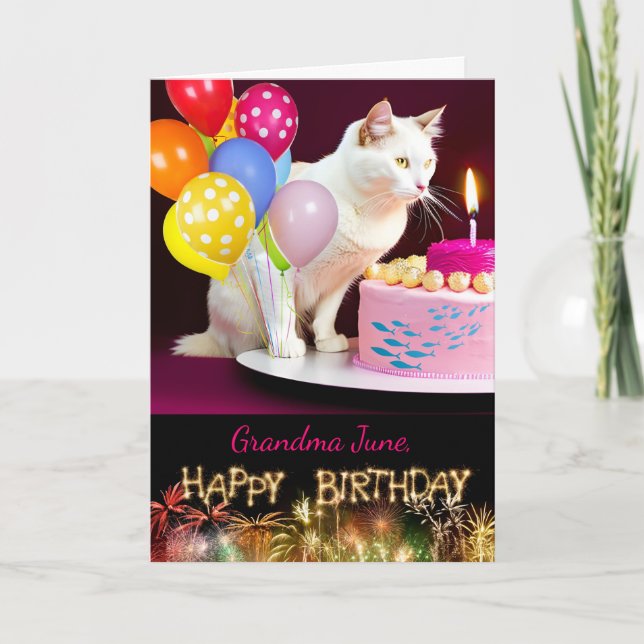 Birthday for Grandma with White Cat and Cake Card (Front)