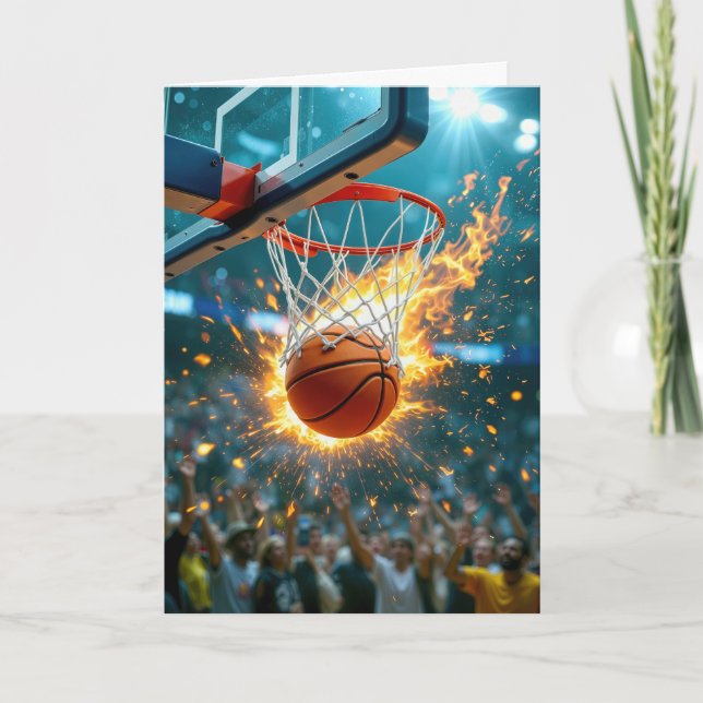 Birthday for Nephew Flaming Basketball In the Net Card (Front)