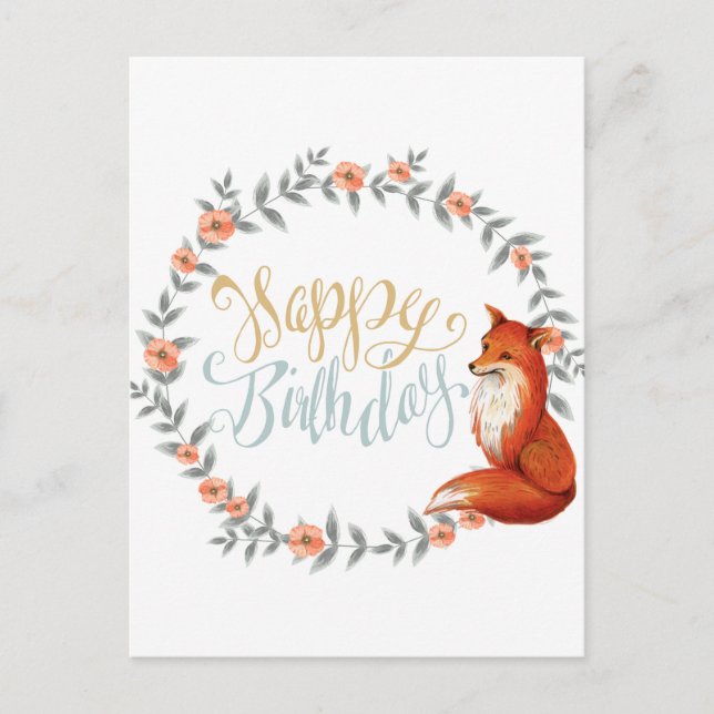 Birthday Fox Wreath Postcard (Front)
