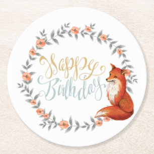 Birthday Fox Wreath Round Paper Coaster