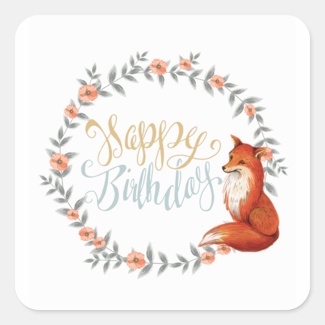 Birthday Fox Wreath Square Sticker (Front)