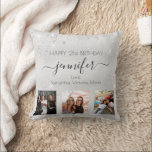Birthday friend silver glitter photo throw pillow<br><div class="desc">A gift from friends for a woman's 21st birthday, celebrating her life with 3 of your photos of her, her friends, family, interest or pets. Personalize and add her name, age 21 and your names. Black coloured letters. A chic faux silver looking background colour. Decorated with faux glitter dust. Her...</div>