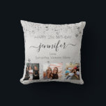 Birthday friend silver photo collage name script  throw pillow<br><div class="desc">A gift from friends for a woman's 21st birthday, celebrating her life with 3 of your photos of her, her friends, family, interest or pets. Personalize and add her name, age 21 and your names. Black coloured letters. A chic faux silver metallic looking background colour. Her name is written with...</div>