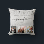Birthday friend silver photo collage name script  throw pillow<br><div class="desc">A gift from friends for a woman's 21st birthday, celebrating her life with 3 of your photos of her, her friends, family, interest or pets. Personalize and add her name, age 21 and your names. Black coloured letters. A chic faux silver metallic looking background colour. Her name is written with...</div>