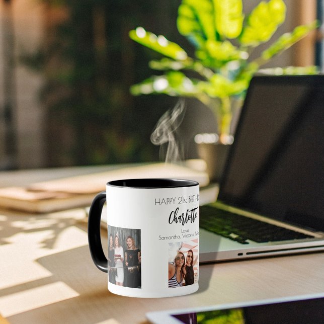 Birthday friend white black photo names mug (Creator Uploaded)