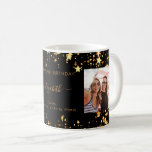 Birthday friends black gold photo names coffee mug<br><div class="desc">A gift from friends for a woman's 21st (or any age) birthday. Personalize and 2 of your own photos, her name, age 21 and your names. Golden text. A chic, classic black background colour. Her name is written with a modern hand lettered style script with swashes. Decorated with faux gold...</div>