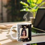 Birthday friends black gold photo names coffee mug<br><div class="desc">A gift from friends for a woman's 21st (or any age) birthday. Personalize and 2 of your own photos, her name, age 21 and your names. Golden text. A chic, classic black background colour. Her name is written with a modern hand lettered style script with swashes. Decorated with faux gold...</div>