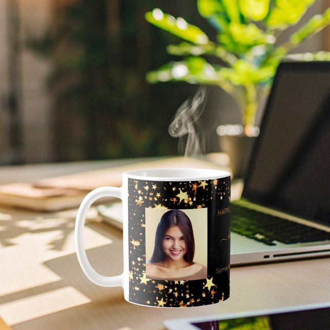 Birthday friends black gold photo names coffee mug (Creator Uploaded)