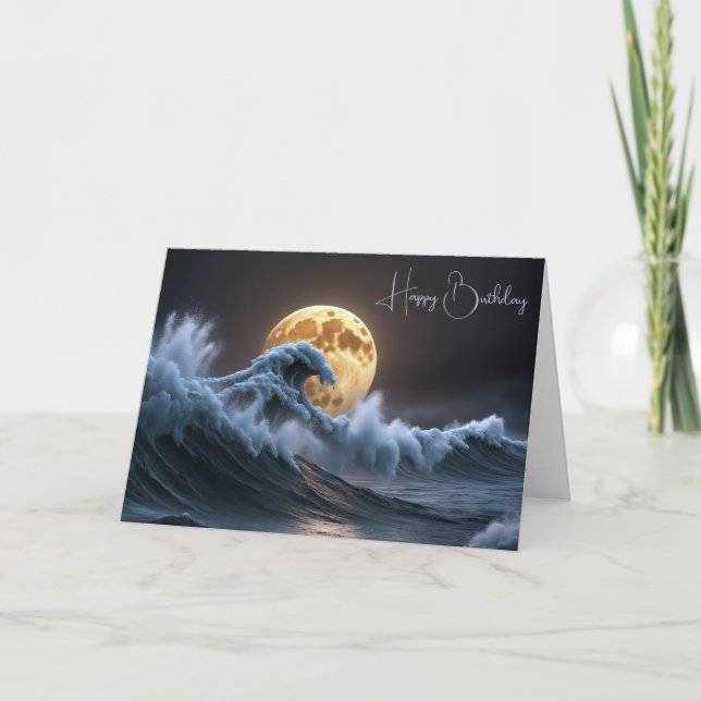 Birthday Full Moon In Ocean Wave Card (Front)