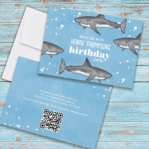 Birthday Fun Whimsical Ocean Sharks QR Codes Invitation