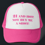 Birthday Funny 21th happy Legal Age Humour Trucker Hat<br><div class="desc">Funny 21th birthday quote pink golf hat. Twenty one. Legal age. Perfect for her. You can personalize the year and name.</div>