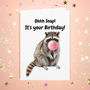 Birthday Funny Raccoon Blows Pink Bubble Card