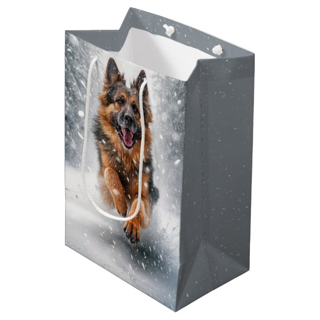 Birthday German Shepherd Running In Snow Medium Gift Bag (Front Angled)
