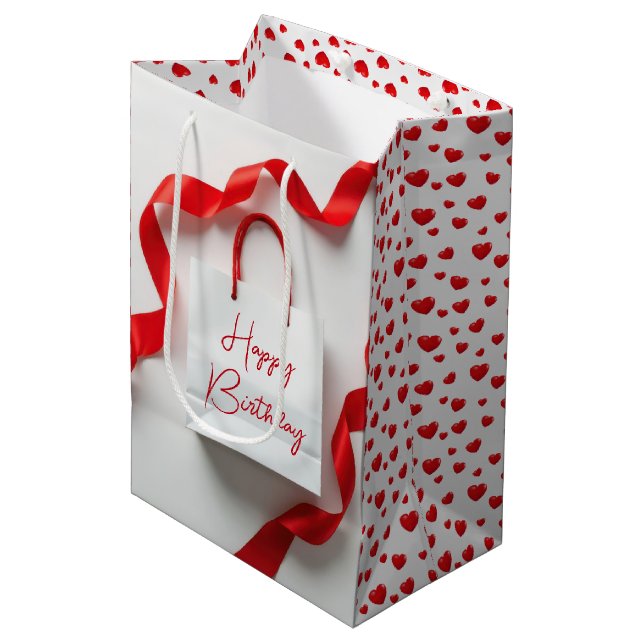 Birthday Gift Bag With Ribbons and Hearts (Front Angled)