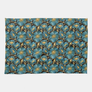 Birthday Gift   Blue and Gold Floral Kitchen Towel
